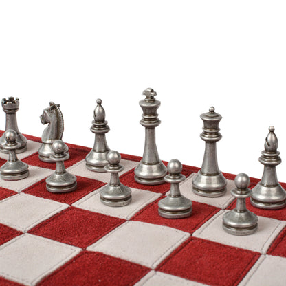 Manopoulos - Handcrafted Burgundy Red Suede Roll-Up Chess Set with Metal Chessmen