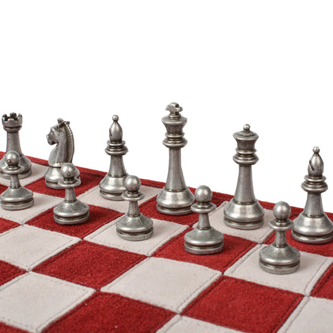 Manopoulos - Handcrafted Burgundy Red Suede Roll-Up Chess Set with Metal Chessmen