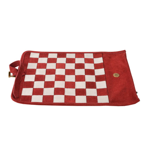 Manopoulos - Handcrafted Burgundy Red Suede Roll-Up Chess Set with Metal Chessmen