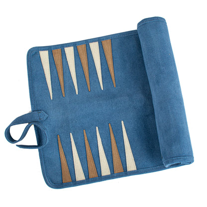 Manopoulos - Handcrafted Denim Blue Suede Roll-Up Backgammon Set