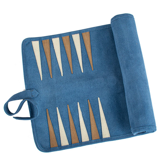 Manopoulos - Handcrafted Denim Blue Suede Roll-Up Backgammon Set