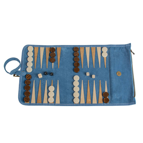 Manopoulos - Handcrafted Denim Blue Suede Roll-Up Backgammon Set