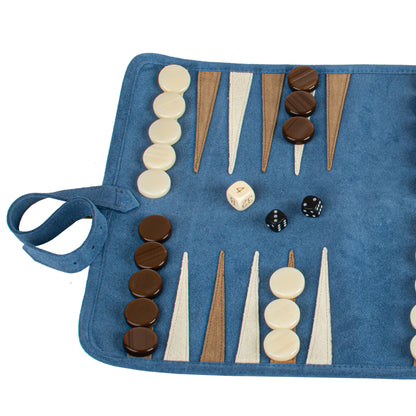 Manopoulos - Handcrafted Denim Blue Suede Roll-Up Backgammon Set
