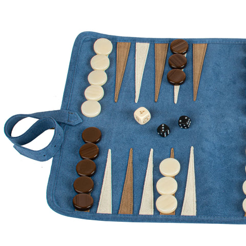 Manopoulos - Handcrafted Denim Blue Suede Roll-Up Backgammon Set