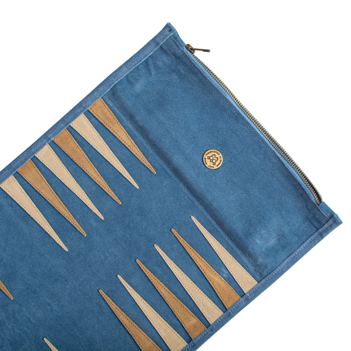 Manopoulos - Handcrafted Denim Blue Suede Roll-Up Backgammon Set