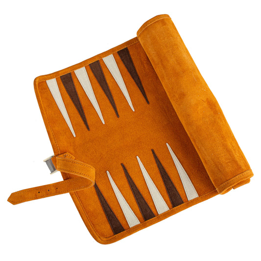 Manopoulos - Handcrafted Cinnamon Brown Suede Roll-Up Backgammon Set