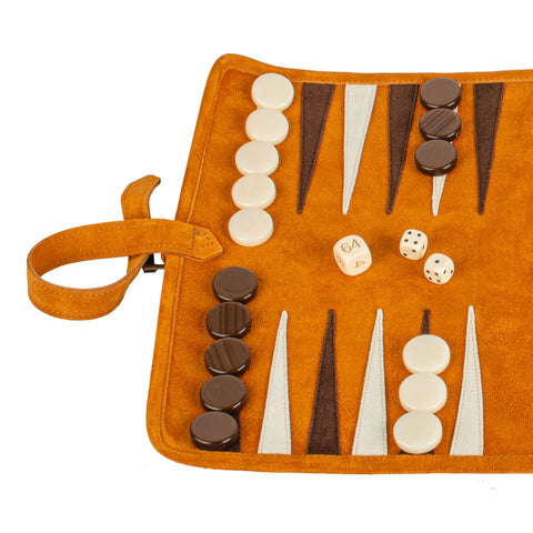 Manopoulos - Handcrafted Cinnamon Brown Suede Roll-Up Backgammon Set