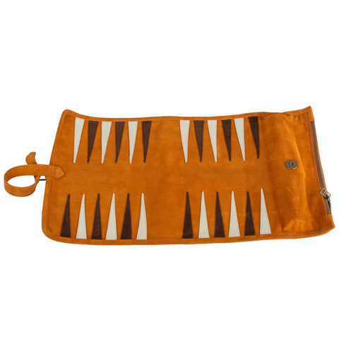 Manopoulos - Handcrafted Cinnamon Brown Suede Roll-Up Backgammon Set