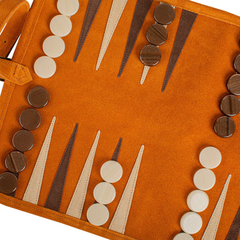 Manopoulos - Handcrafted Cinnamon Brown Suede Roll-Up Backgammon Set