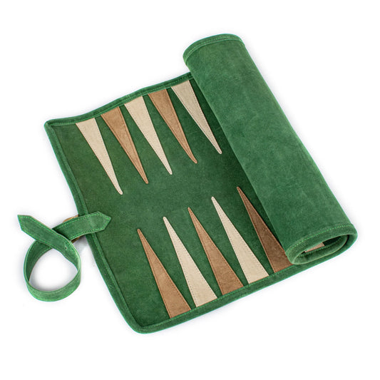 Manopoulos - Handcrafted Forest Green Suede Roll-Up Backgammon Set
