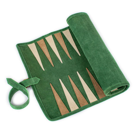Manopoulos - Handcrafted Forest Green Suede Roll-Up Backgammon Set