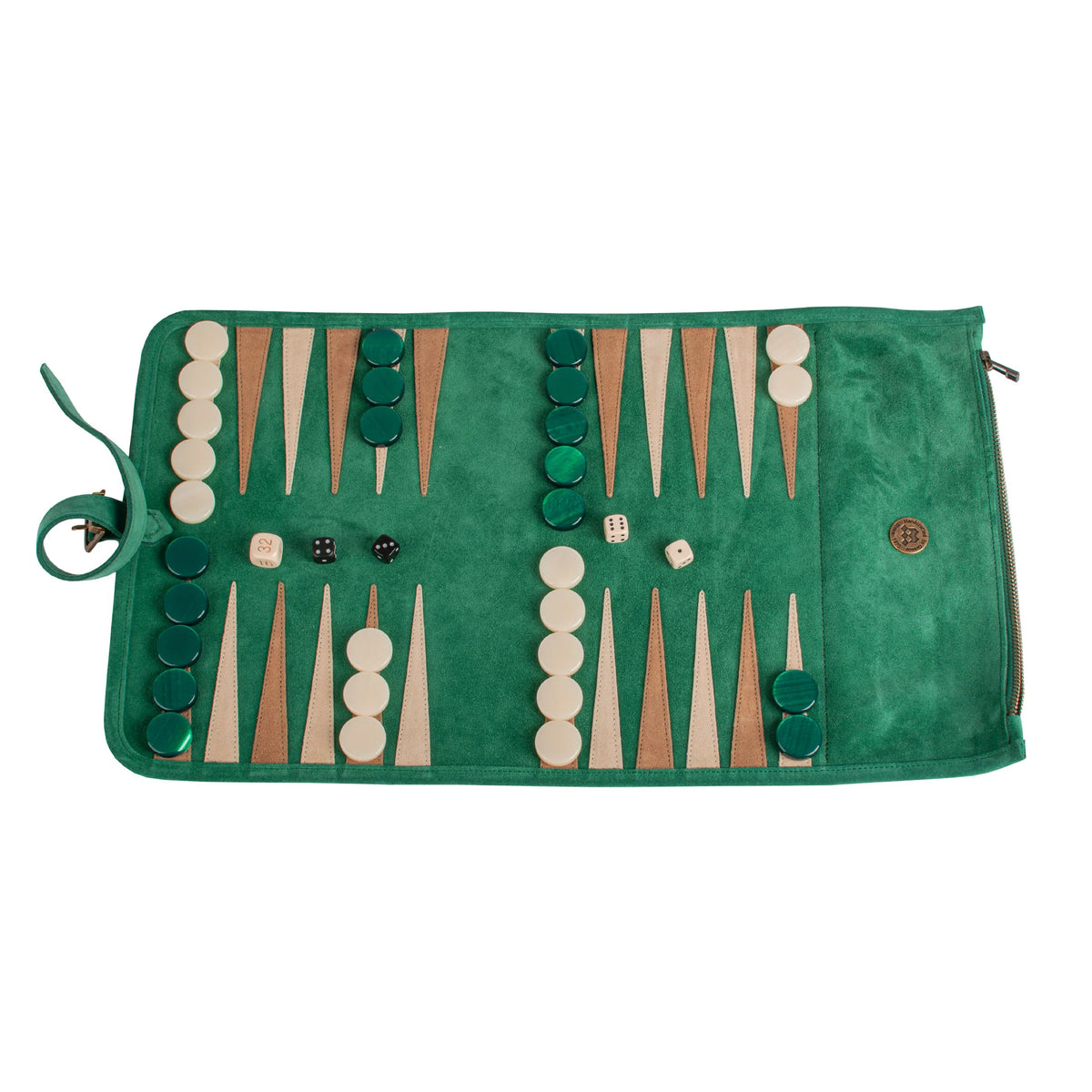 Manopoulos - Handcrafted Forest Green Suede Roll-Up Backgammon Set