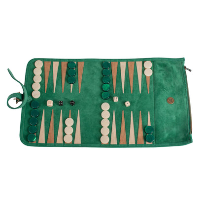 Manopoulos - Handcrafted Forest Green Suede Roll-Up Backgammon Set