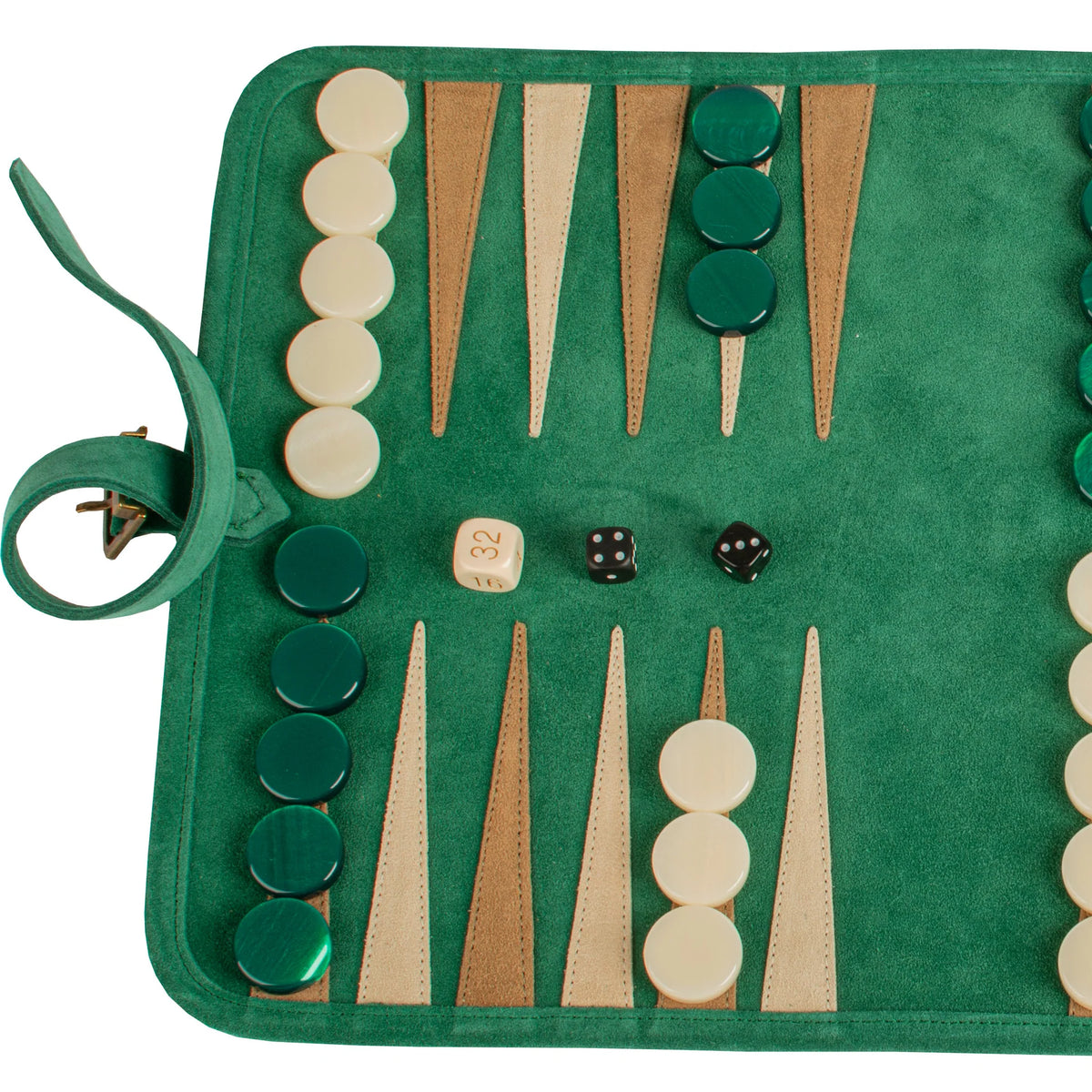 Manopoulos - Handcrafted Forest Green Suede Roll-Up Backgammon Set