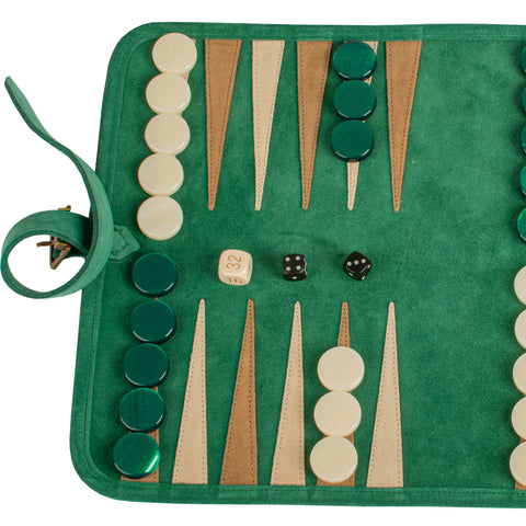 Manopoulos - Handcrafted Forest Green Suede Roll-Up Backgammon Set