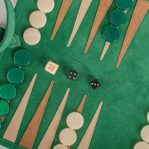 Manopoulos - Handcrafted Forest Green Suede Roll-Up Backgammon Set