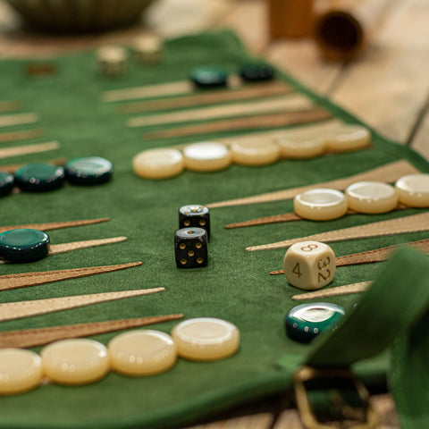 Manopoulos - Handcrafted Forest Green Suede Roll-Up Backgammon Set
