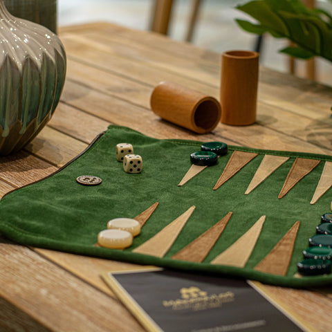 Manopoulos - Handcrafted Forest Green Suede Roll-Up Backgammon Set