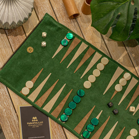 Manopoulos - Handcrafted Forest Green Suede Roll-Up Backgammon Set