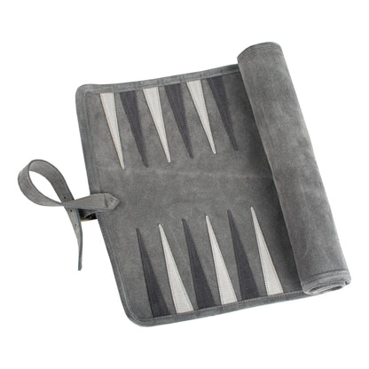 Manopoulos - Handcrafted Grey Suede Roll-Up Backgammon Set
