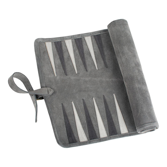 Manopoulos - Handcrafted Grey Suede Roll-Up Backgammon Set