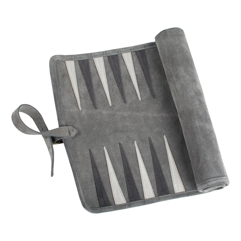 Manopoulos - Handcrafted Grey Suede Roll-Up Backgammon Set