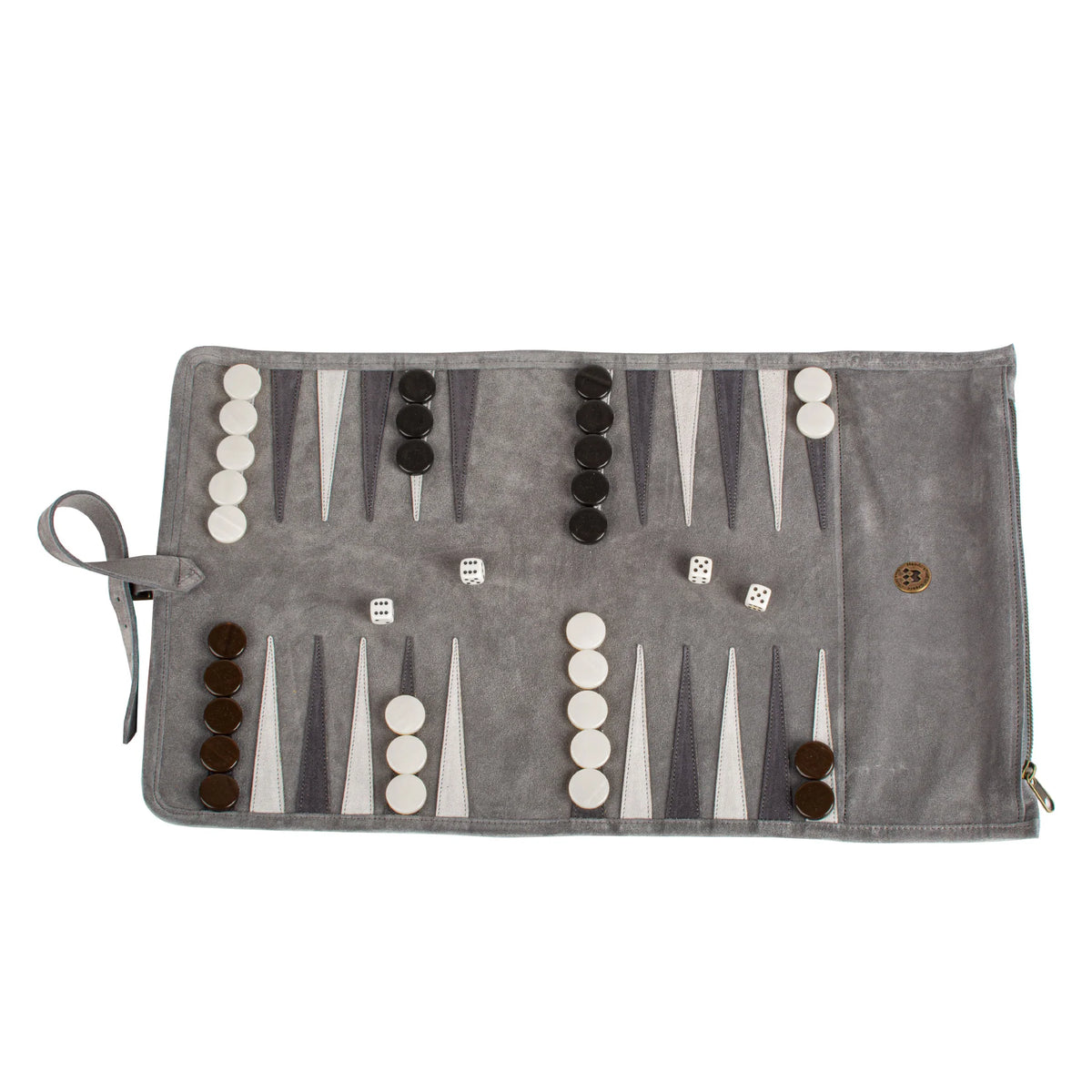 Manopoulos - Handcrafted Grey Suede Roll-Up Backgammon Set