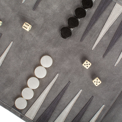 Manopoulos - Handcrafted Grey Suede Roll-Up Backgammon Set
