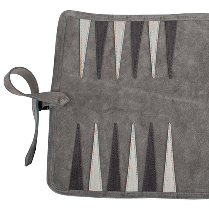 Manopoulos - Handcrafted Grey Suede Roll-Up Backgammon Set
