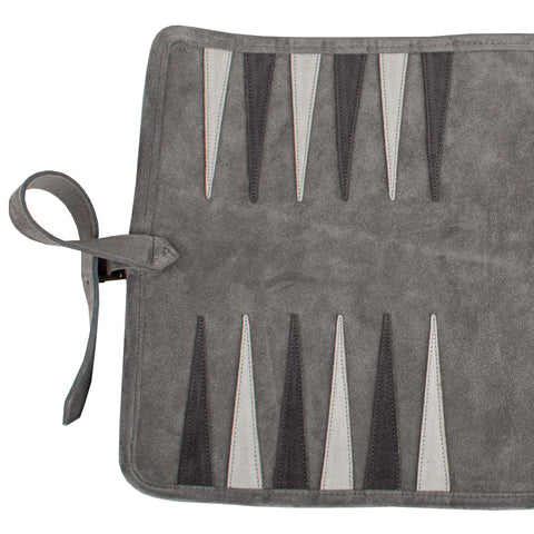 Manopoulos - Handcrafted Grey Suede Roll-Up Backgammon Set
