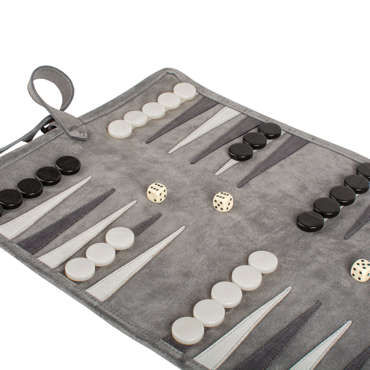 Manopoulos - Handcrafted Grey Suede Roll-Up Backgammon Set