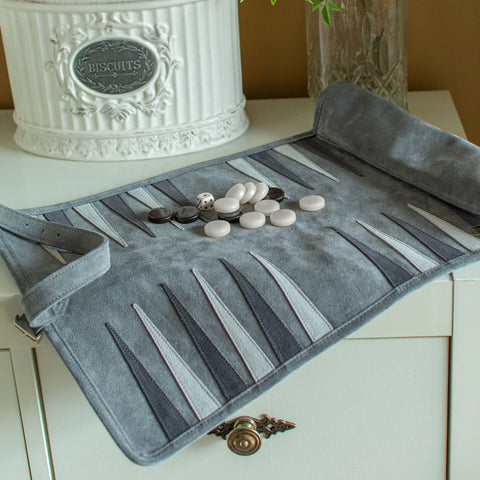 Manopoulos - Handcrafted Grey Suede Roll-Up Backgammon Set