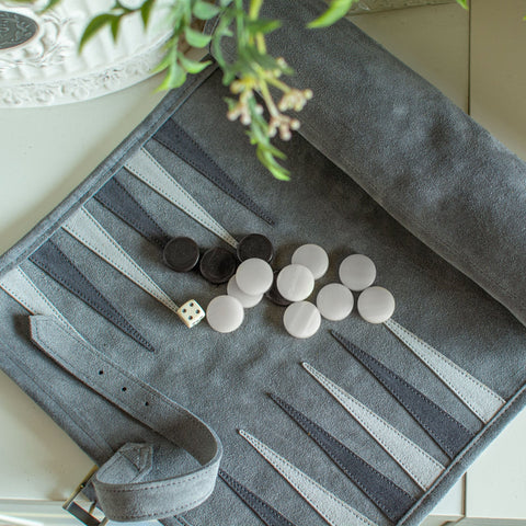 Manopoulos - Handcrafted Grey Suede Roll-Up Backgammon Set