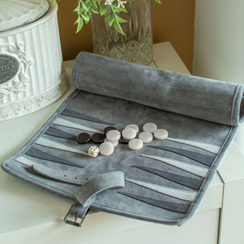 Manopoulos - Handcrafted Grey Suede Roll-Up Backgammon Set