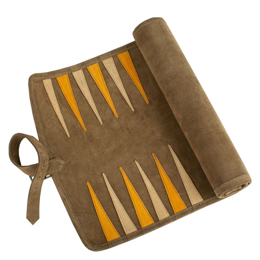 Manopoulos - Handcrafted Khaki Brown Suede Roll-Up Backgammon Set