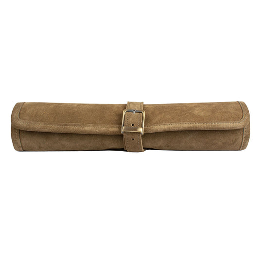 Manopoulos - Handcrafted Khaki Brown Suede Roll-Up Backgammon Set