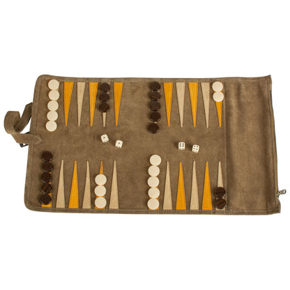 Manopoulos - Handcrafted Khaki Brown Suede Roll-Up Backgammon Set