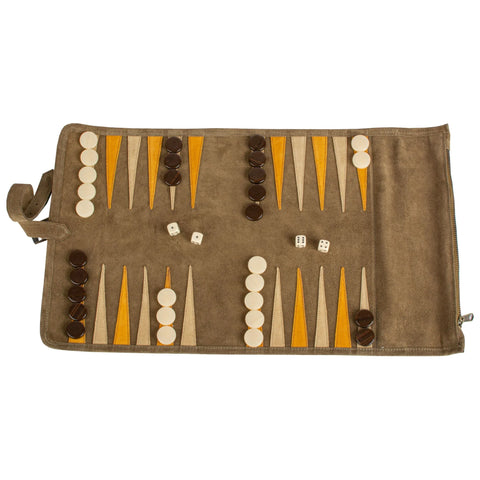 Manopoulos - Handcrafted Khaki Brown Suede Roll-Up Backgammon Set