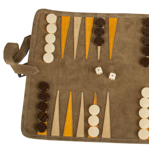 Manopoulos - Handcrafted Khaki Brown Suede Roll-Up Backgammon Set