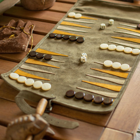 Manopoulos - Handcrafted Khaki Brown Suede Roll-Up Backgammon Set