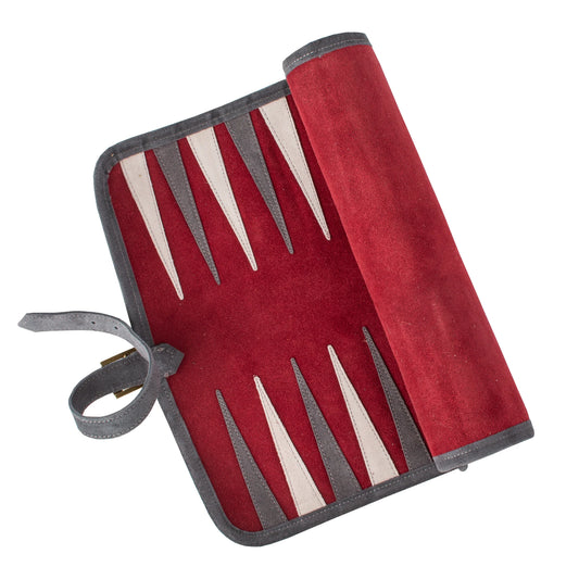 Manopoulos - Handcrafted Burgundy Red Suede Roll-Up Backgammon Set