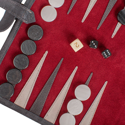 Manopoulos - Handcrafted Burgundy Red Suede Roll-Up Backgammon Set
