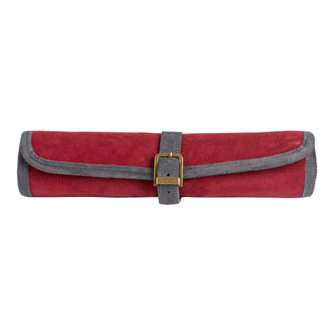 Manopoulos - Handcrafted Burgundy Red Suede Roll-Up Backgammon Set