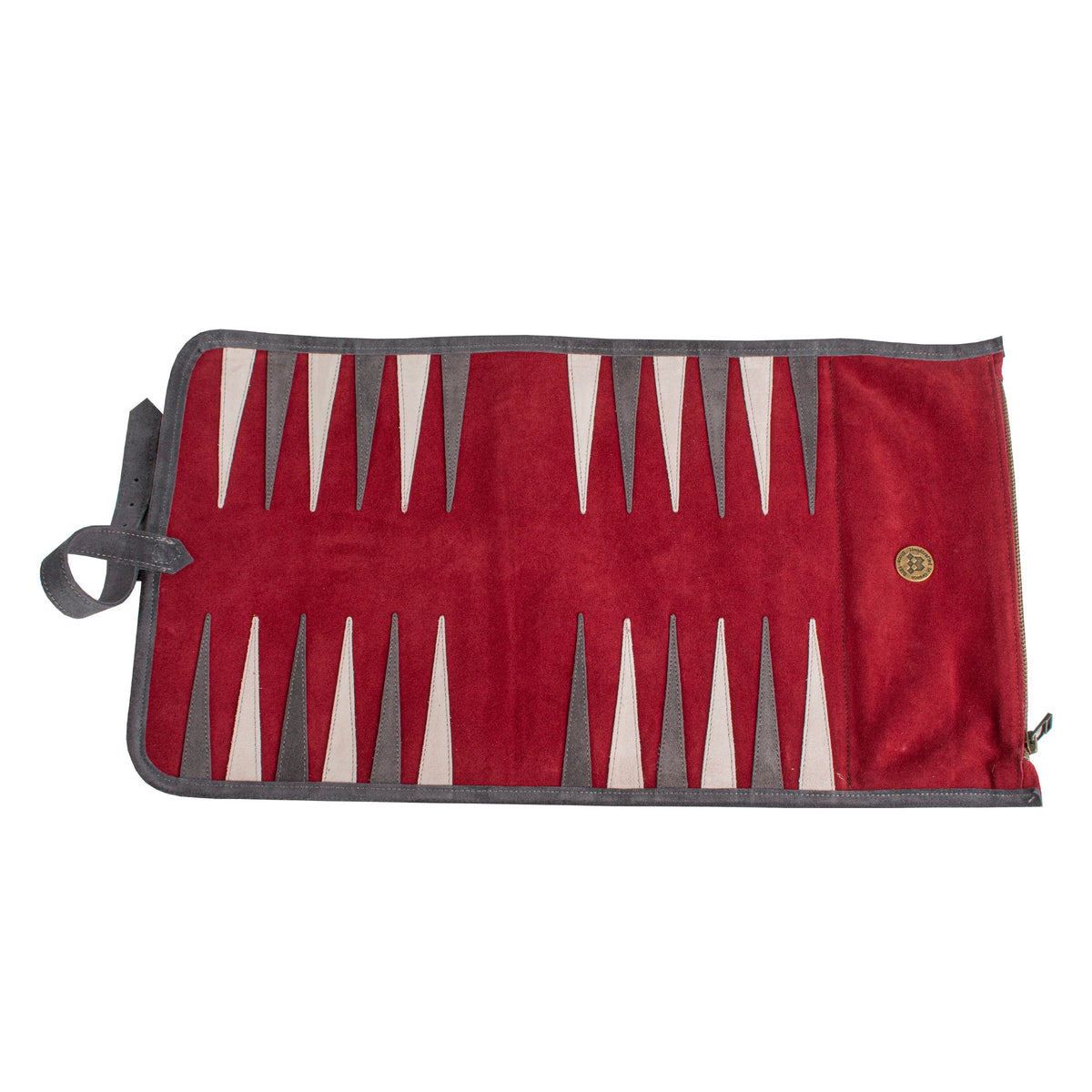 Manopoulos - Handcrafted Burgundy Red Suede Roll-Up Backgammon Set