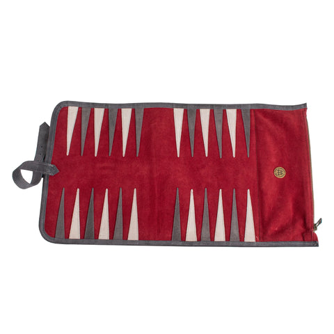 Manopoulos - Handcrafted Burgundy Red Suede Roll-Up Backgammon Set