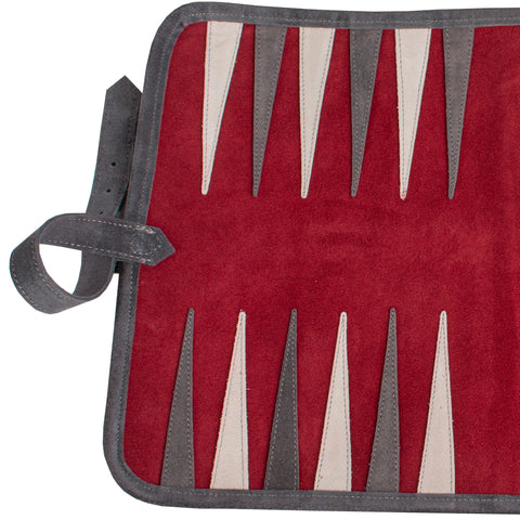 Manopoulos - Handcrafted Burgundy Red Suede Roll-Up Backgammon Set