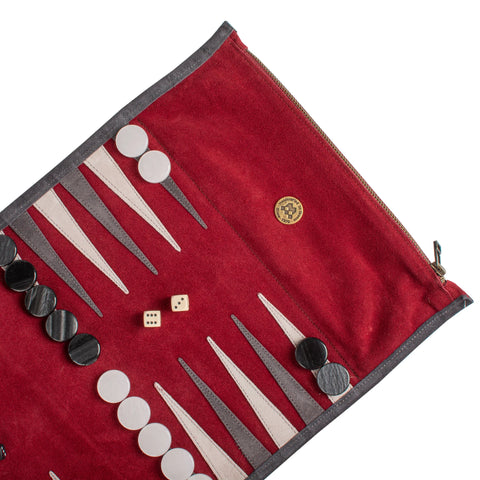 Manopoulos - Handcrafted Burgundy Red Suede Roll-Up Backgammon Set