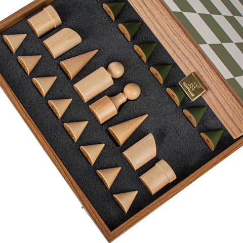 Manopoulos - Bauhaus Style Green & White Chess Set - 40x40cm with 8.5cm King Chessmen