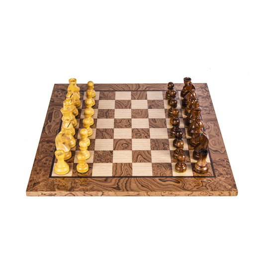 Manopoulos - Walnut Burl Chess Set - 40x40cm with Staunton Chessmen (7.7cm King)