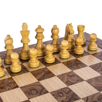 Manopoulos - Walnut Burl Chess Set - 40x40cm with Staunton Chessmen (7.7cm King)